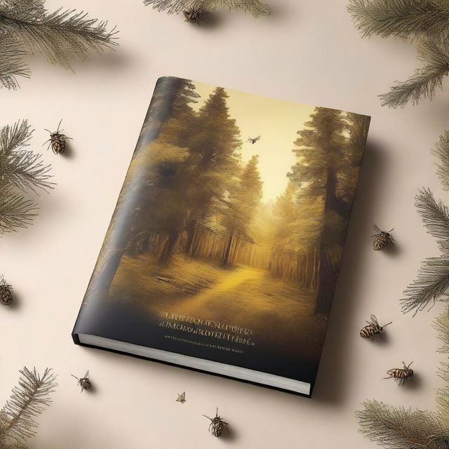 A captivating book cover featuring a dense golden pine forest