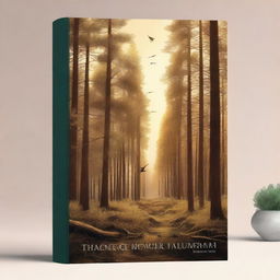 A captivating book cover featuring a dense golden pine forest