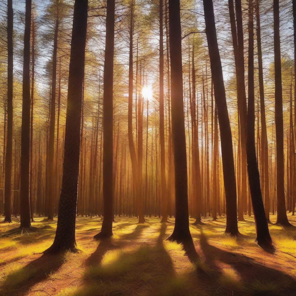 A dense golden pine forest bathed in warm sunlight, with clusters of flying wasps buzzing around