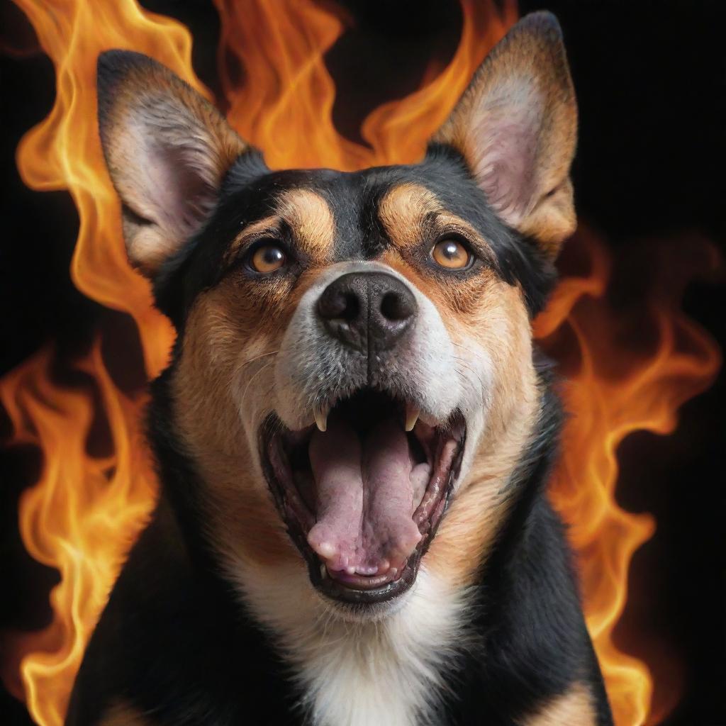 A ferocious dog barking loudly, with its eyes aflame with madness.