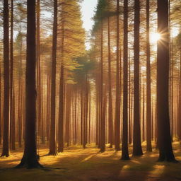 A dense golden pine forest bathed in warm sunlight, with clusters of flying wasps buzzing around