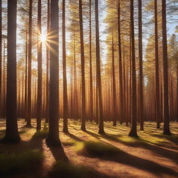 A dense golden pine forest bathed in warm sunlight, with clusters of flying wasps buzzing around