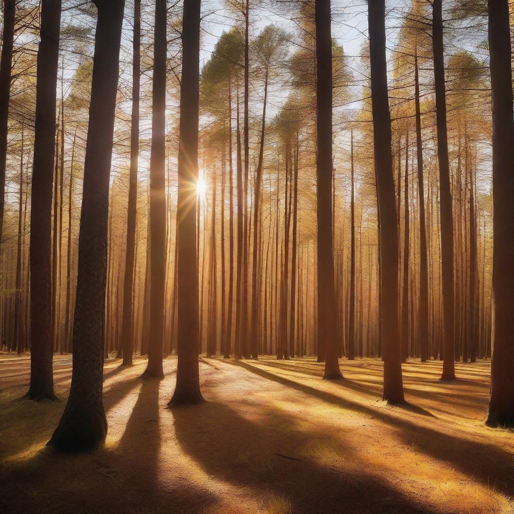 A dense golden pine forest bathed in warm sunlight, with clusters of flying wasps buzzing around