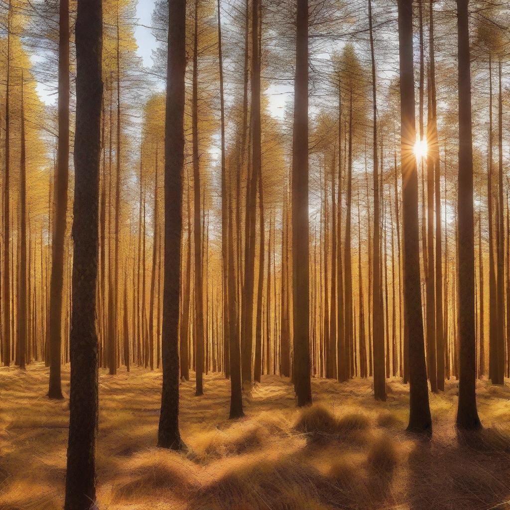 A beautiful golden pine forest bathed in sunlight, with tall trees covered in golden needles