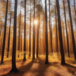 A beautiful golden pine forest bathed in sunlight, with tall trees covered in golden needles