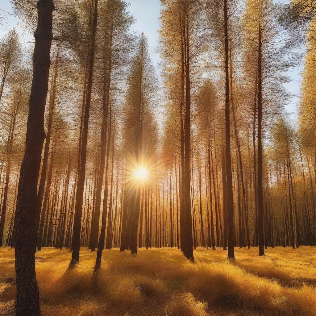 A beautiful golden pine forest bathed in sunlight, with tall trees covered in golden needles