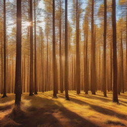 A beautiful golden pine forest bathed in sunlight, with tall trees covered in golden needles