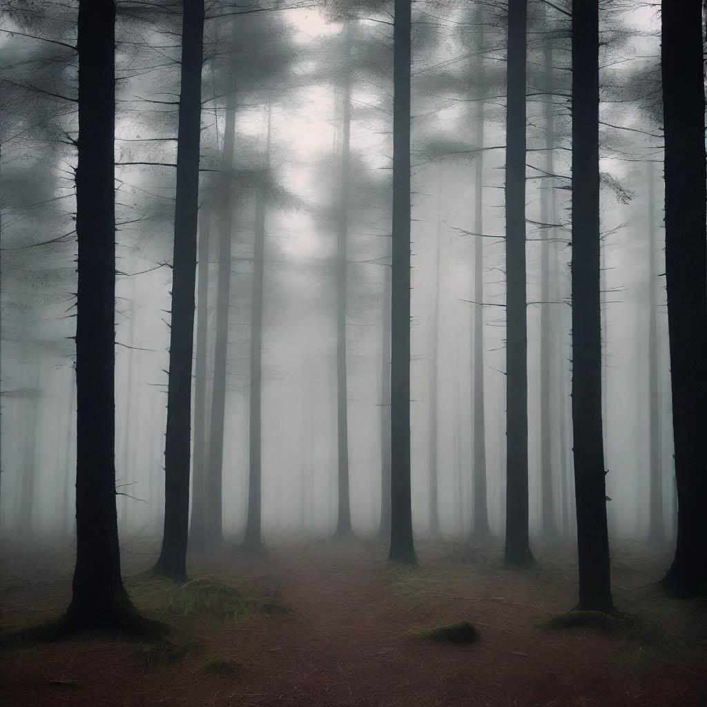 A dark and mysterious pine forest with tall, shadowy trees