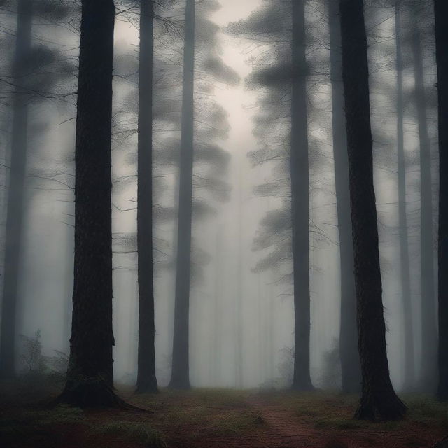 A dark and mysterious pine forest with tall, shadowy trees