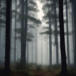 A dark and mysterious pine forest with tall, shadowy trees