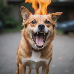 A ferocious dog barking loudly, with its eyes aflame with madness.