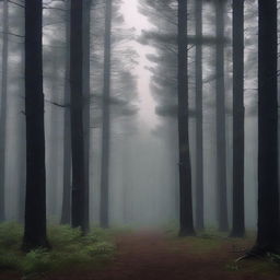 A dark and mysterious pine forest with tall, shadowy trees