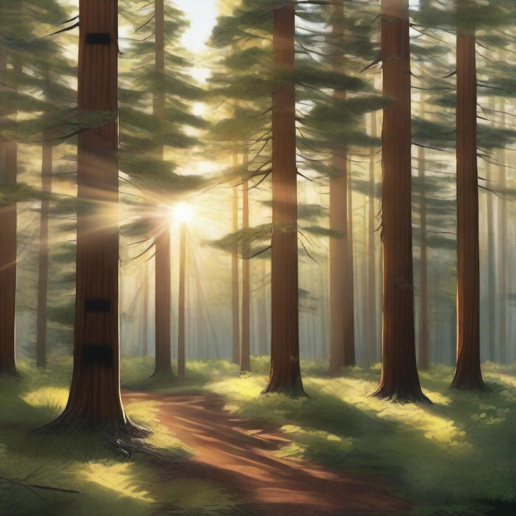 A realistic depiction of a sunny pine forest with beams of sunlight filtering through the trees