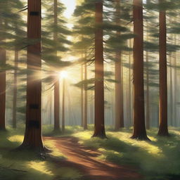 A realistic depiction of a sunny pine forest with beams of sunlight filtering through the trees