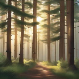 A realistic depiction of a sunny pine forest with beams of sunlight filtering through the trees