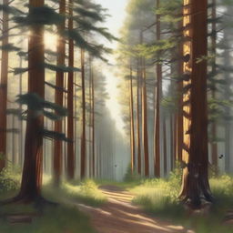 A realistic depiction of a sunny pine forest with beams of sunlight filtering through the trees