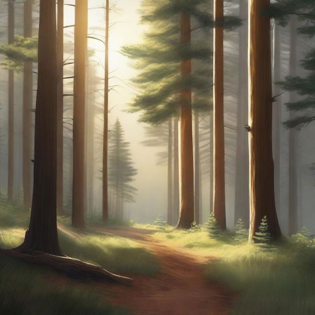 A realistic depiction of a sunny pine forest with beams of sunlight filtering through the trees