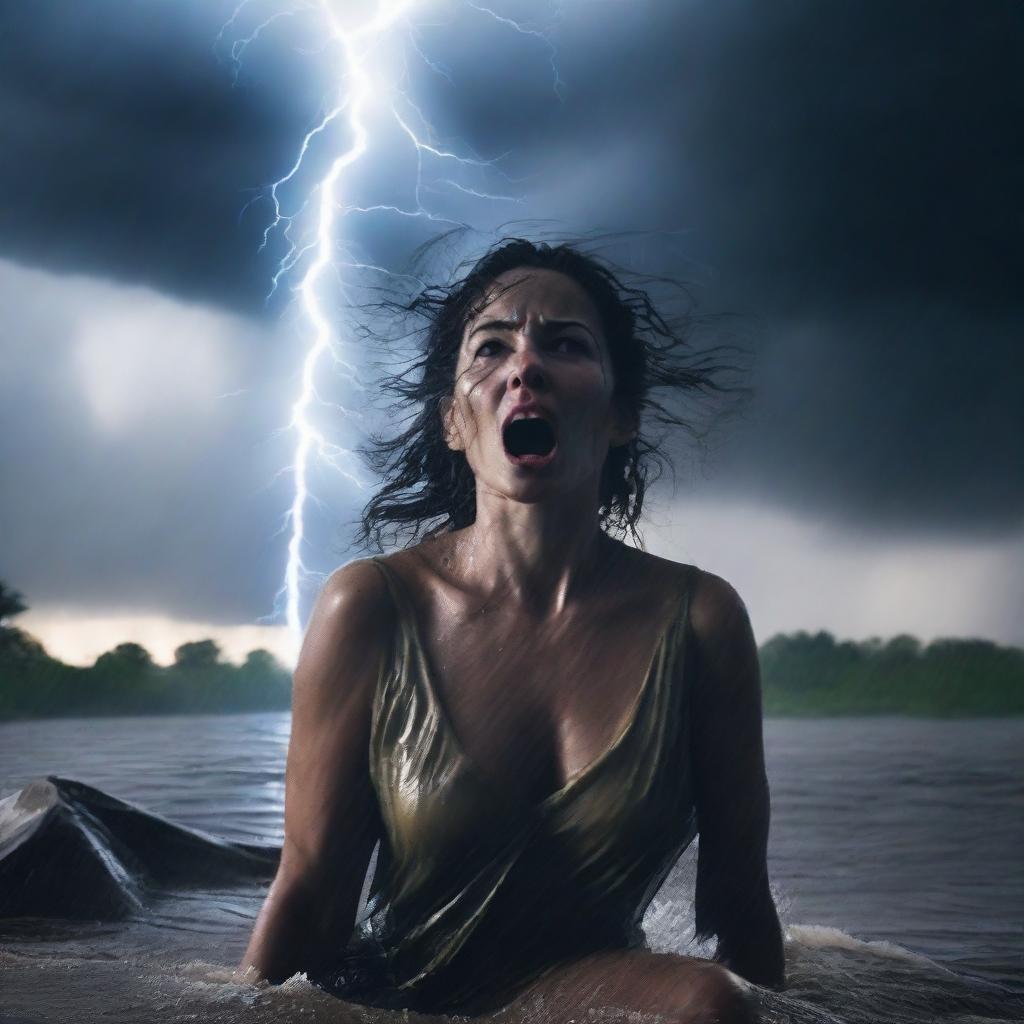 A dramatic scene of a woman close to the viewer, lost in a terrible thunderstorm