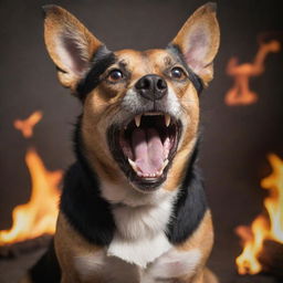 A ferocious dog barking loudly, with its eyes aflame with madness.