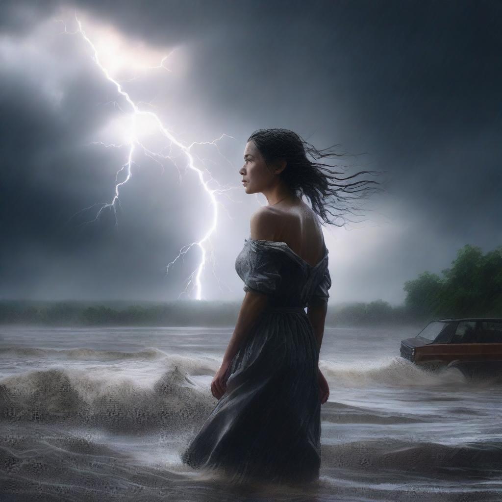 A dramatic scene of a woman close to the viewer, lost in a terrible thunderstorm