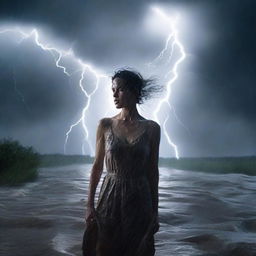 A dramatic scene of a woman close to the viewer, lost in a terrible thunderstorm