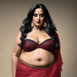 A full body closeup shot of a character resembling Mahie Gill, depicted as a big chubby aunty with a milf and cougar aesthetic