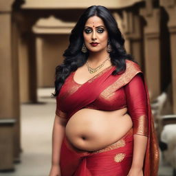 A full body closeup shot of a character resembling Mahie Gill, depicted as a big chubby aunty with a milf and cougar aesthetic