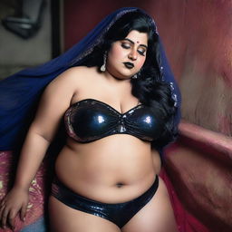 A full body closeup shot of a chubby and voluptuous woman who resembles Sapna Sappu, sleeping in a haunted place