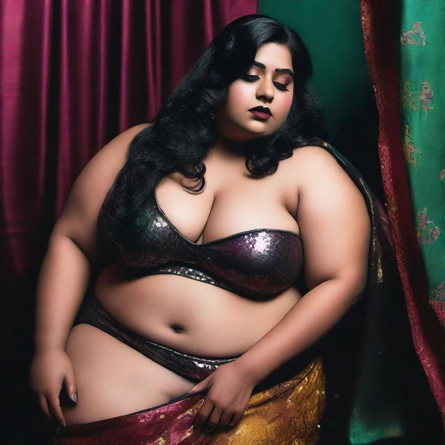 A full body closeup shot of a chubby and voluptuous woman who resembles Sapna Sappu, sleeping in a haunted place