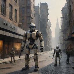 pirexian future city 2050 age with robots soldier in the street painted by rembrandt