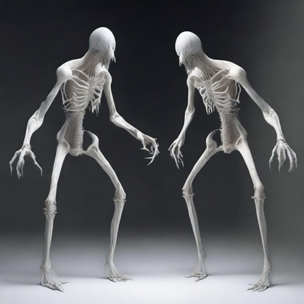 Create an image of a white monster that walks like a spider but is formed by two human torsos with a single head and a long neck