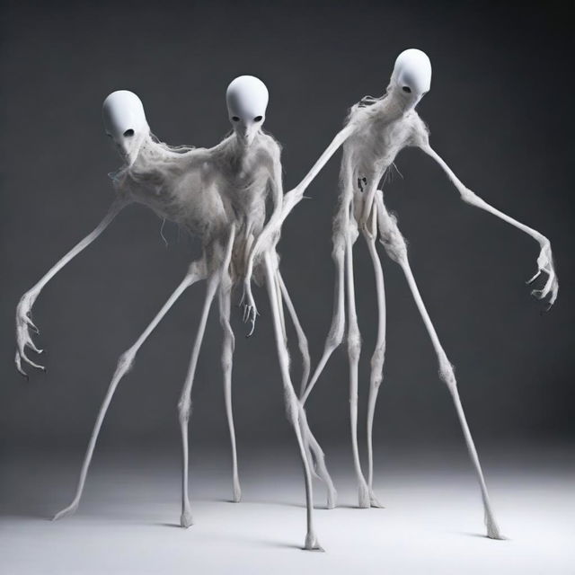 Create an image of a white monster that walks like a spider but is formed by two human torsos with a single head and a long neck