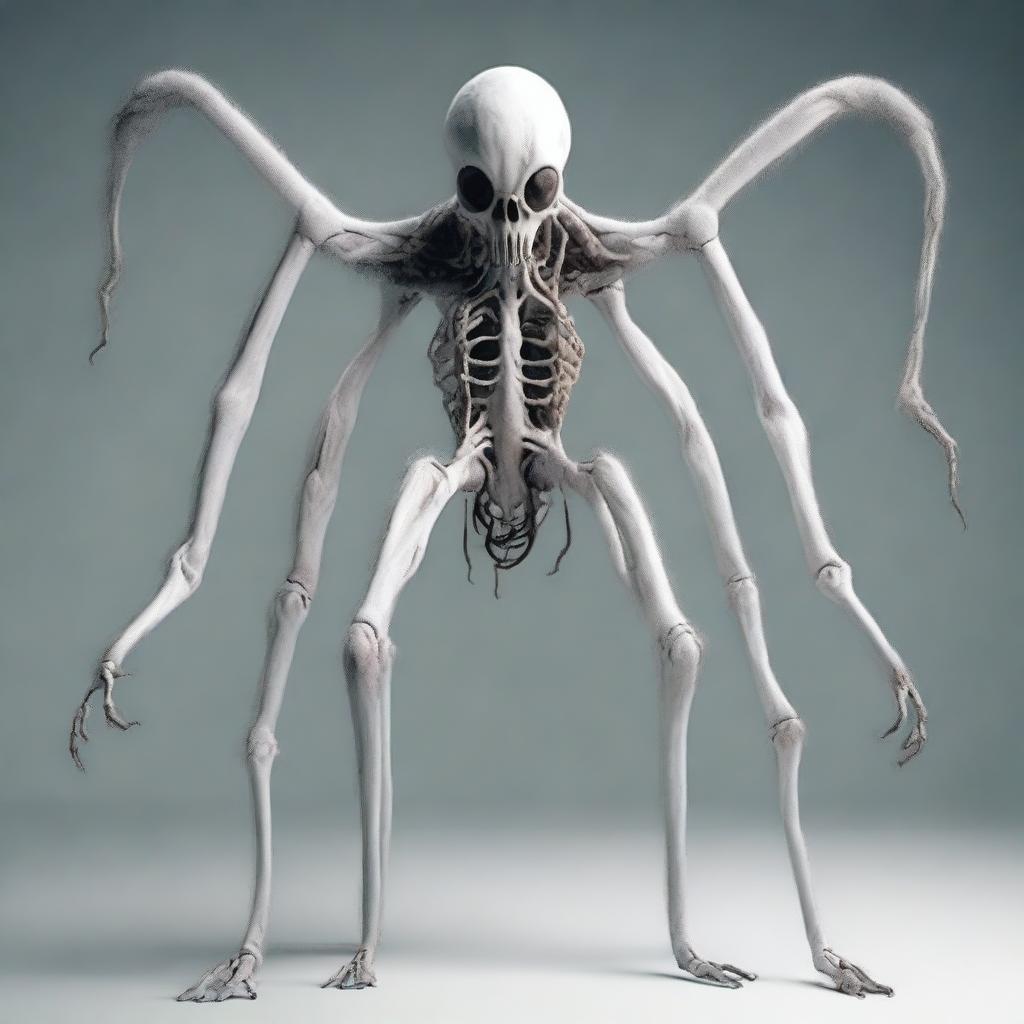 Create an image of a white monster that walks like a spider but is formed by two human torsos with a single head and a long neck