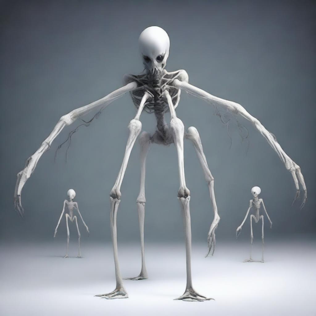 Create an image of a white monster that walks like a spider but is formed by two human torsos with a long neck