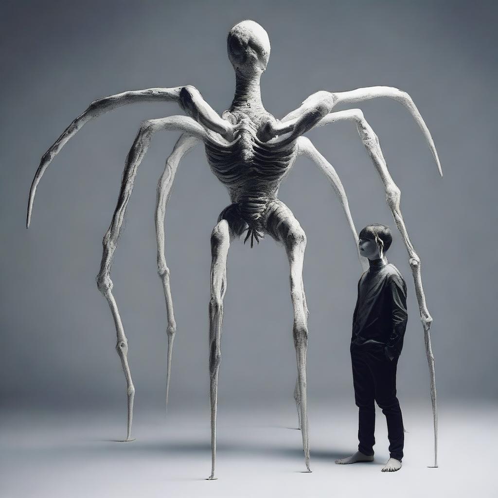 Create an image of a white monster shaped like a spider but formed by two human torsos with a long neck