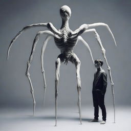 Create an image of a white monster shaped like a spider but formed by two human torsos with a long neck