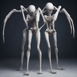 Create an image of a white monster shaped like a spider but formed by two human torsos with a long neck