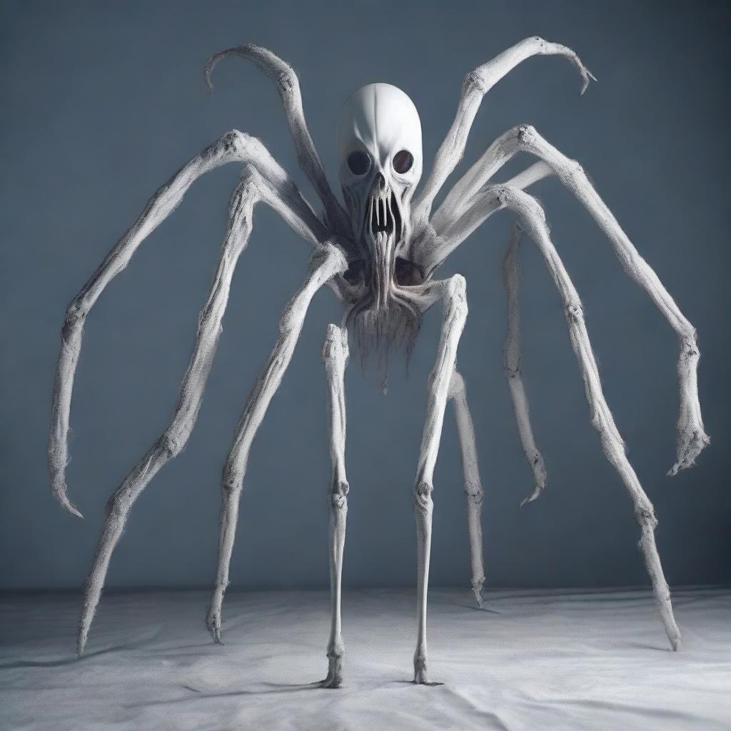 Create an image of a white monster shaped like a spider but formed by two human torsos with a long neck