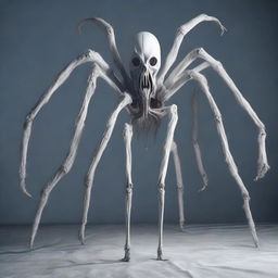 Create an image of a white monster shaped like a spider but formed by two human torsos with a long neck