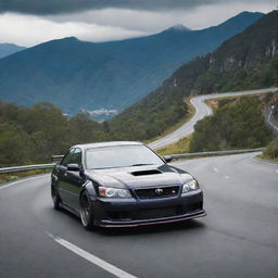 A thrilling image of a Toyota Chaser and a G35 locked in a fierce race along winding mountain roads, with spectacular scenery all around.