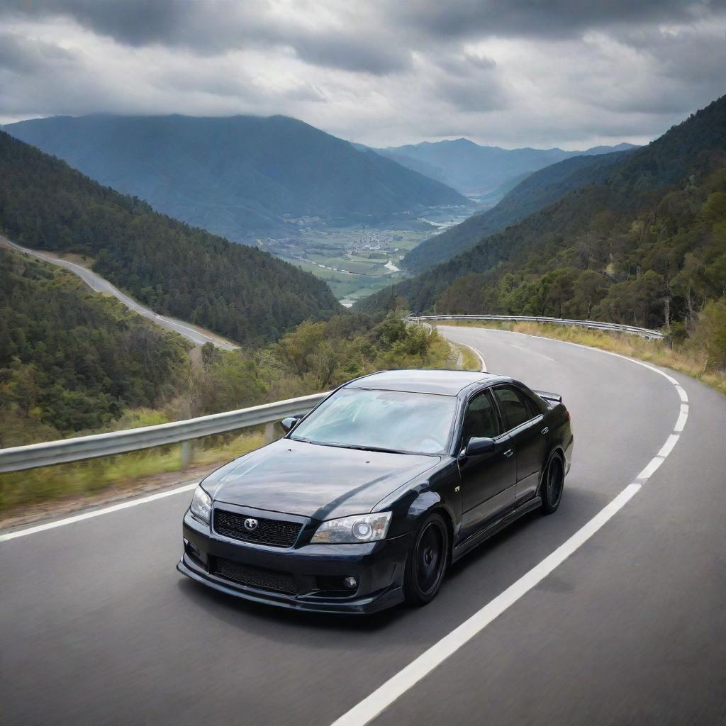 A thrilling image of a Toyota Chaser and a G35 locked in a fierce race along winding mountain roads, with spectacular scenery all around.