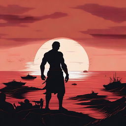 A silhouette of a muscular young man with a flat red sea in the background