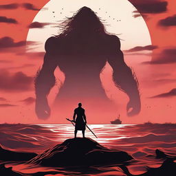 A silhouette of a muscular young man with a flat red sea in the background