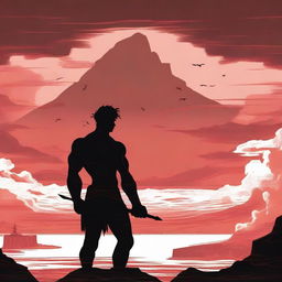 A silhouette of a muscular young man with a flat red sea in the background