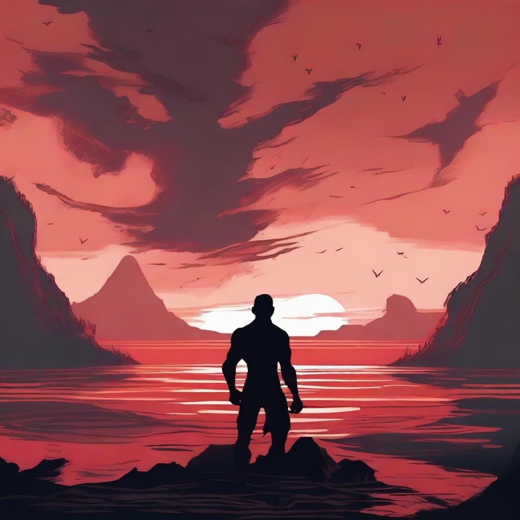 A silhouette of a muscular young man with a flat red sea in the background