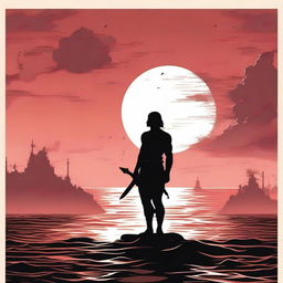 A silhouette of a muscular young man with a flat red sea in the background