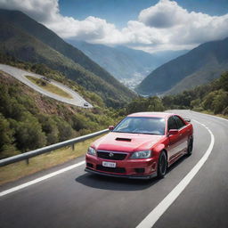 A thrilling image of a Toyota Chaser and a G35 locked in a fierce race along winding mountain roads, with spectacular scenery all around.