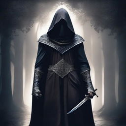 Create an image of a tall, hooded figure with an iron mask covering their face, standing with an elven sword at their waist