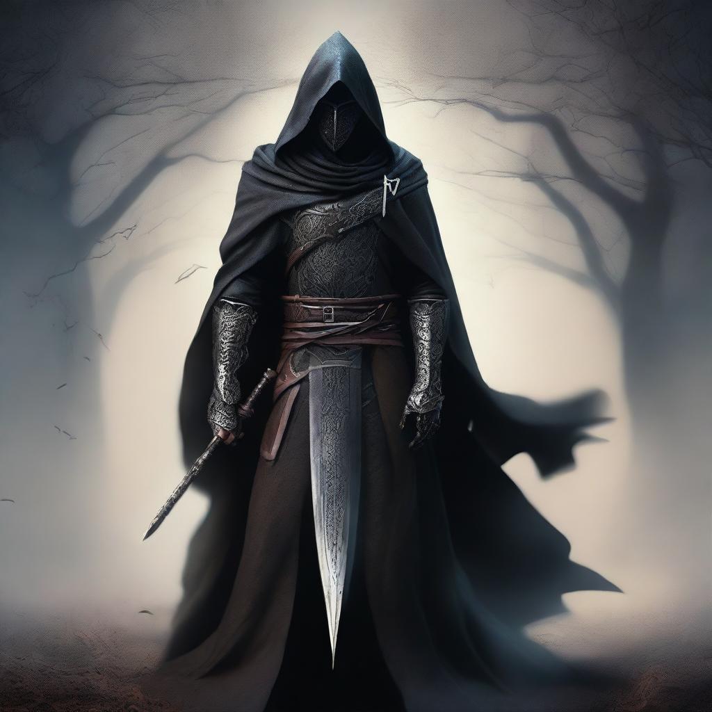 Create an image of a tall, hooded figure with an iron mask covering their face, standing with an elven sword at their waist