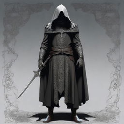 Create an image of a tall, hooded figure with an iron mask covering their face, standing with an elven sword at their waist